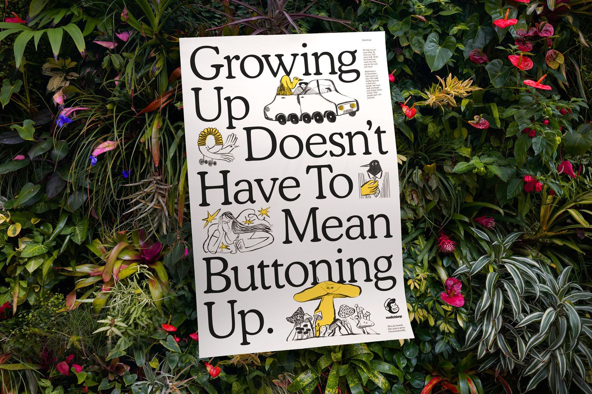A Mailchimp ad that reads, “Growing up doesn’t have to mean buttoning up.”